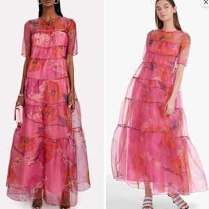 NEW STAUD Hyacinth Maxi Dress Gown Tiered Floral Pink Red Cocktail Party